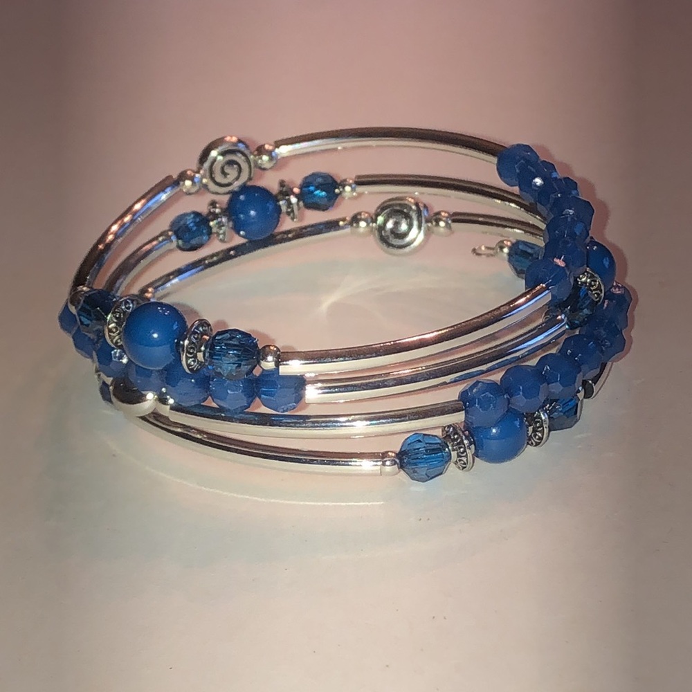 Silver Tone Blue Beaded Boho Wrap Bangle Bracelet